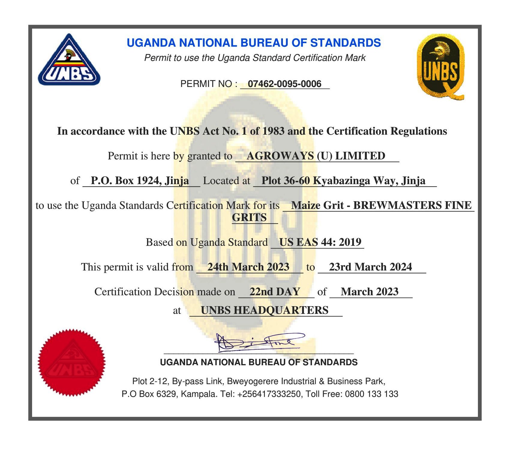 Agroways UNBS Certificate