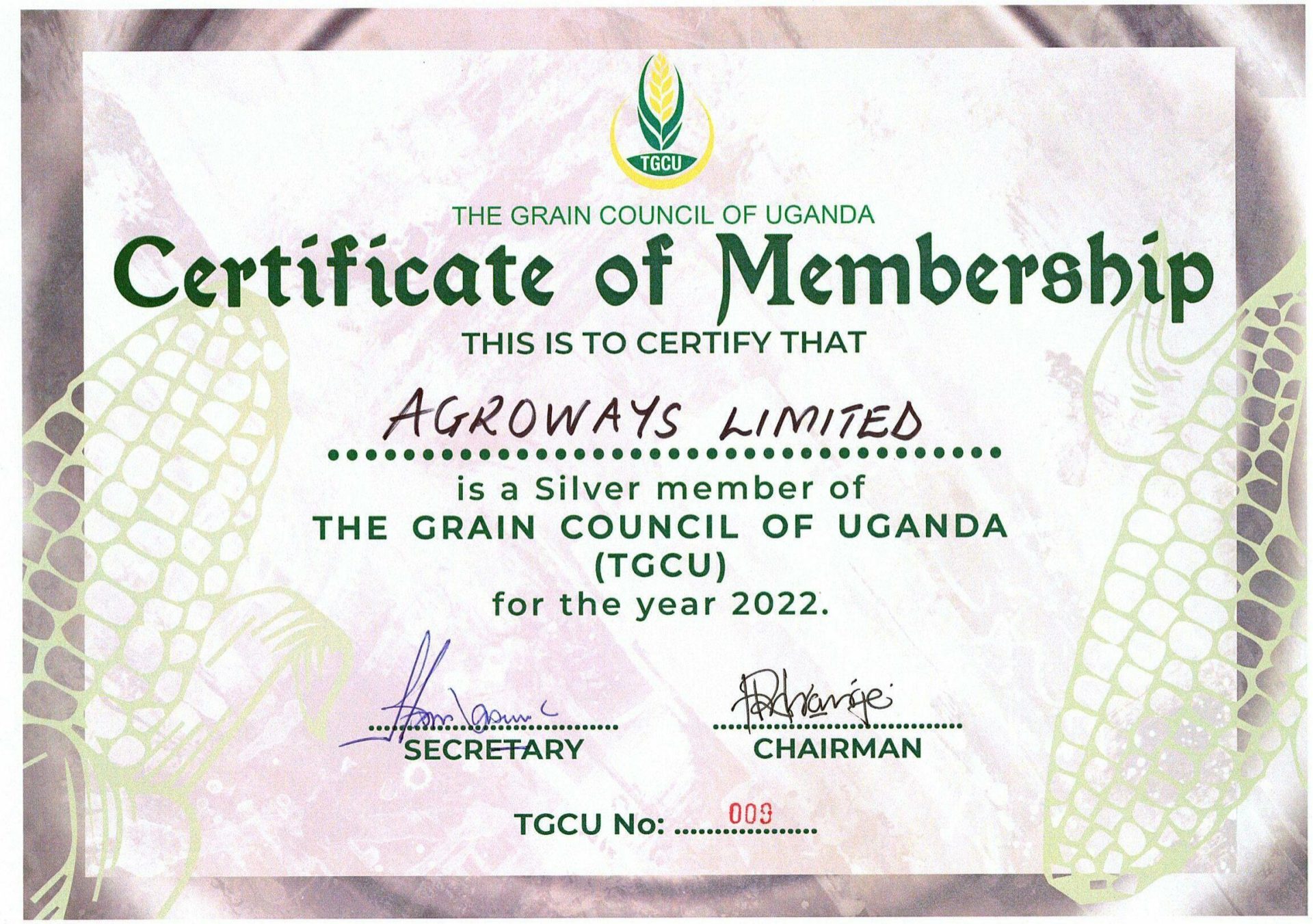 Agroways Uganda Grain Council Certificate
